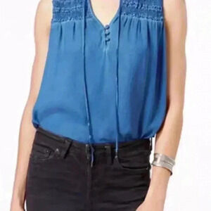 Women's Free People Ruffle Me Up Front Tie Blue Sleeveless Blouse Size XS